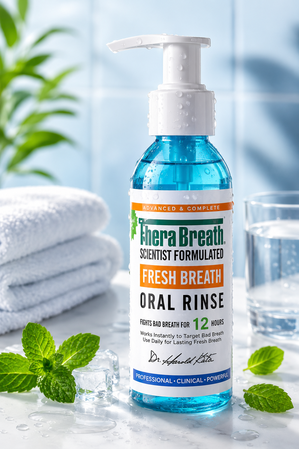 Enjuague bucal TheraBreath azul con dispensador de bomba, rodeado de hojas de menta e hielo sobre mármol blanco en un ambiente de baño fresco.