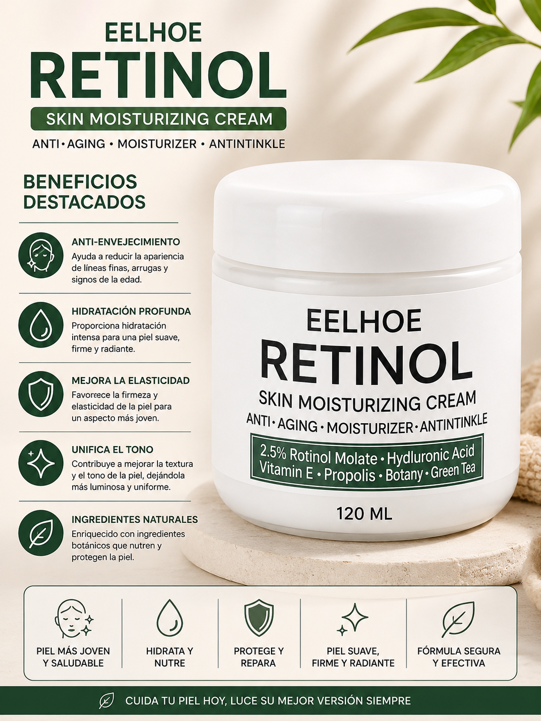 Set x2 Crema hidratante facial con retinol y ácido hialurónico Eelhoe - atenúa arrugas y devuelve la firmeza a tu piel