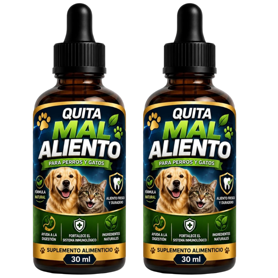 Pack de dos botellas ámbar de suplemento en gotas para perros y gatos con pipeta negra y etiqueta con de perro y gato de 30 ml cada una