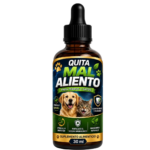 Frasco gotero de vidrio ámbar de 30 ml de quitamalaliento para perros y gatos, con etiqueta azul y verde que muestra un perro y un gato.