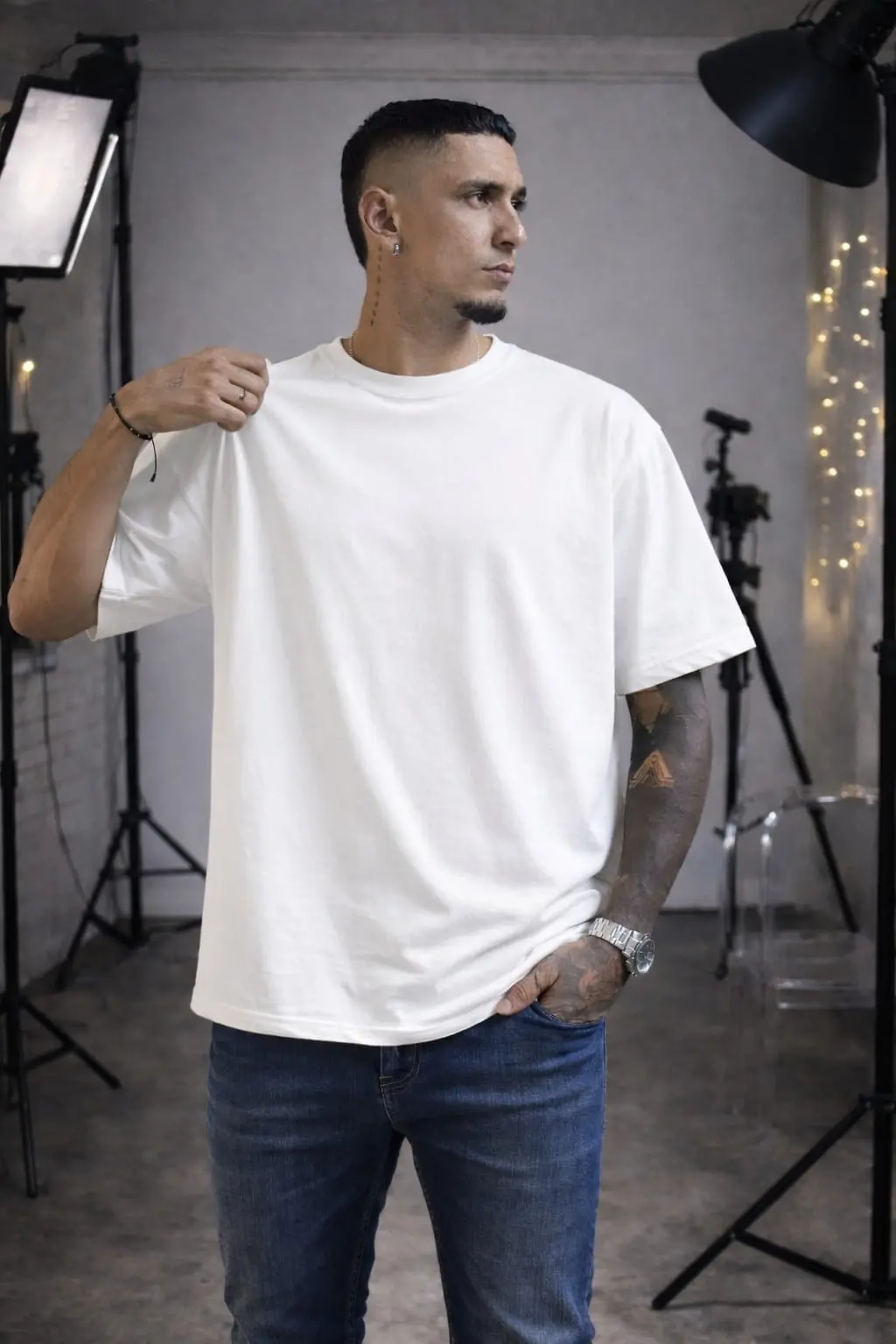 Hombre de piel morena con tatuajes viste camiseta oversize blanca de algodón con cuello redondo, en estudio de fotografía.