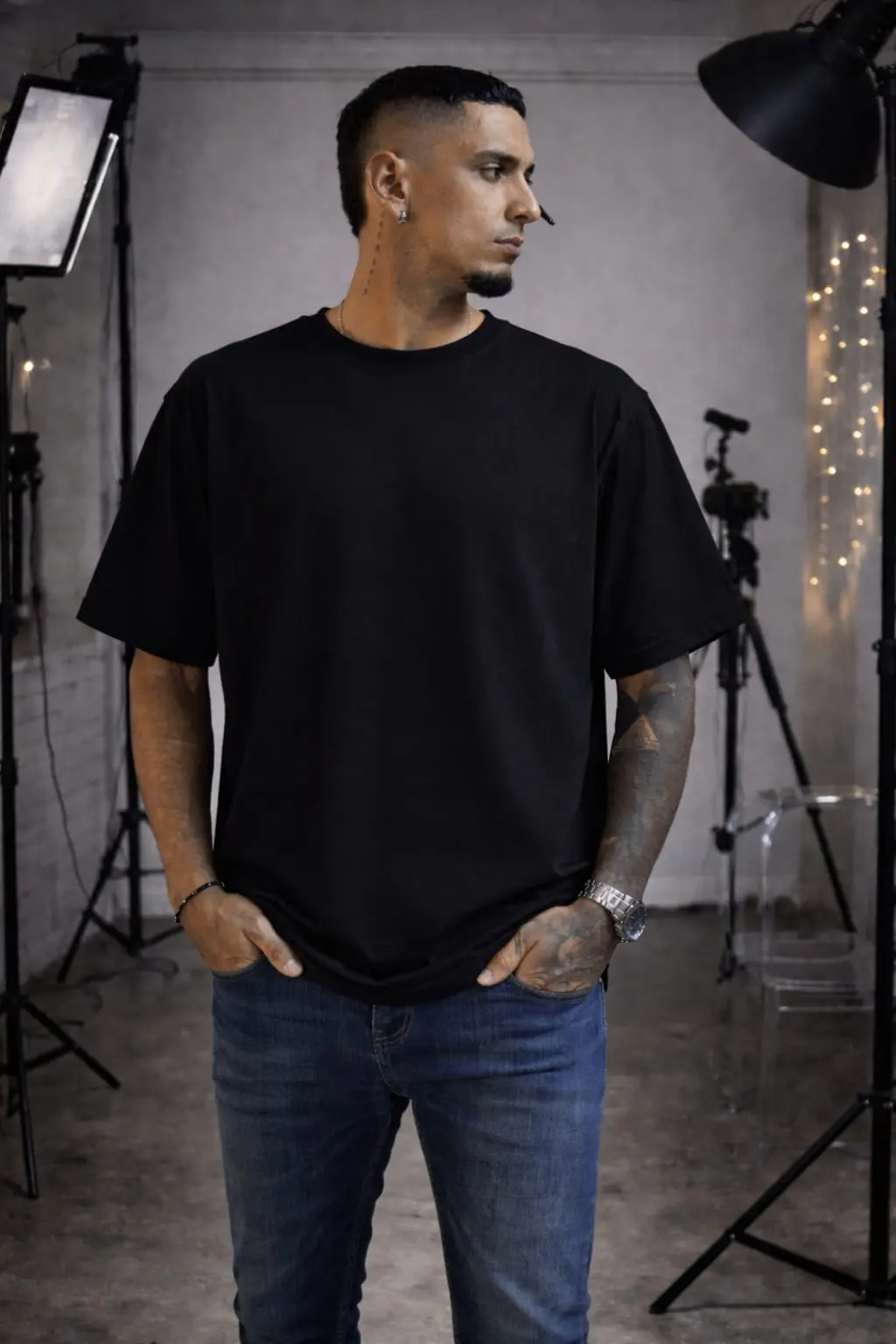 Hombre modelando camiseta oversize negra de algodón en estudio con luces.