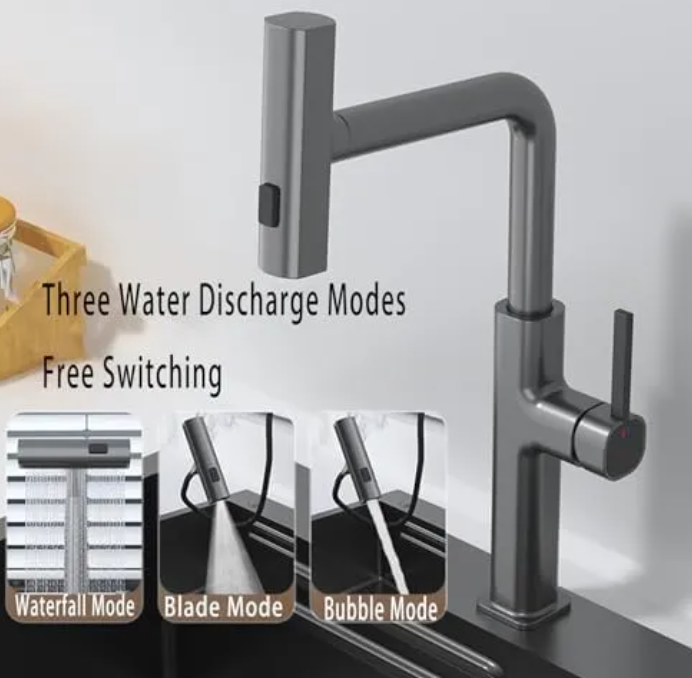 Griferia de cocina monocomando extraible de acero gris cepillado - facilita el lavado diario y optimiza el flujo de agua