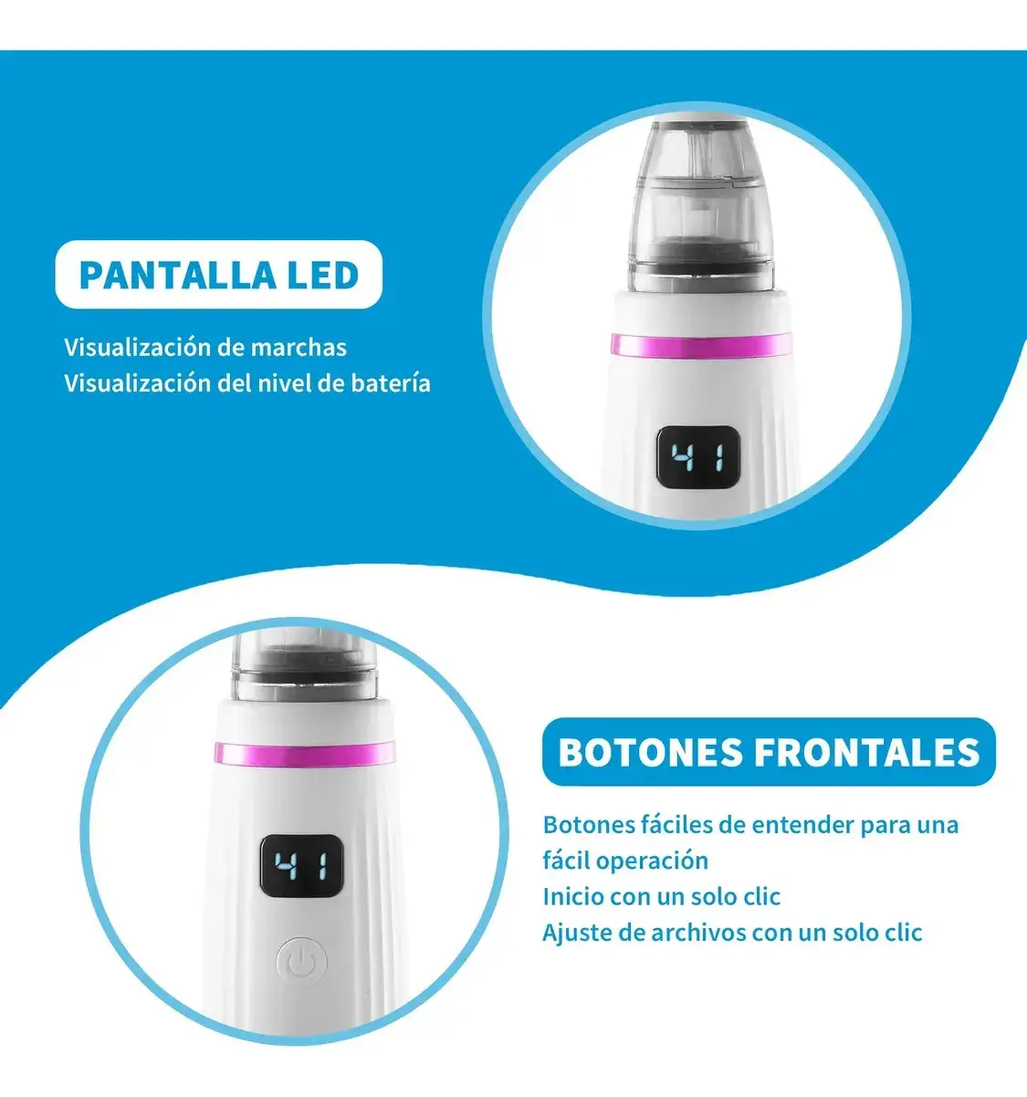 Aspirador nasal eléctrico blanco con franja fucsia, pantalla LED que indica niveles y batería, y botón frontal de fácil operación para uso en bebés.
