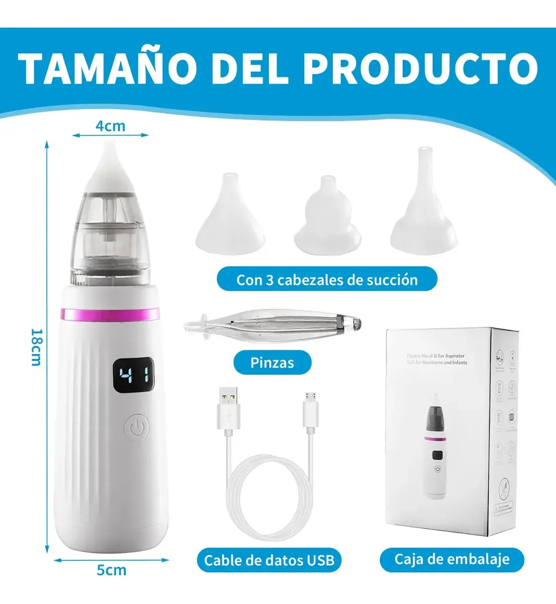 Aspirador nasal eléctrico blanco de 18x5cm con pantalla digital, incluye 3 cabezales de succión, pinzas, cable USB y caja de empaque.