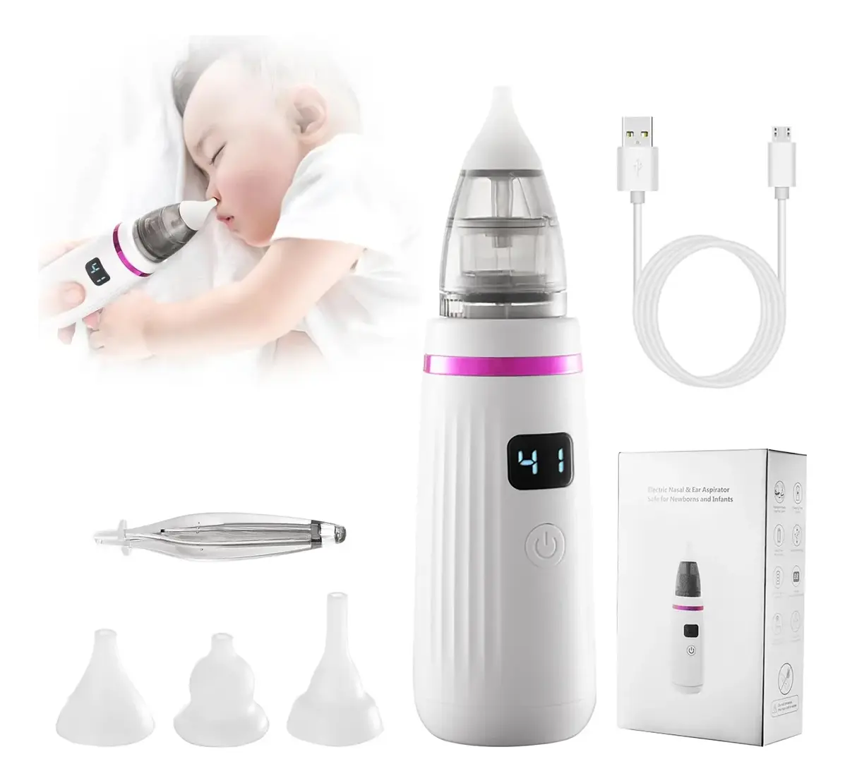 Aspirador nasal eléctrico blanco con pantalla digital, incluye cable USB, pinzas, tres boquillas intercambiables, caja y uso en bebé dormido.