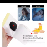 Parche adhesivo blanco con centro circular negro de hierbas para dormir, con imágenes de antes y después de descanso.