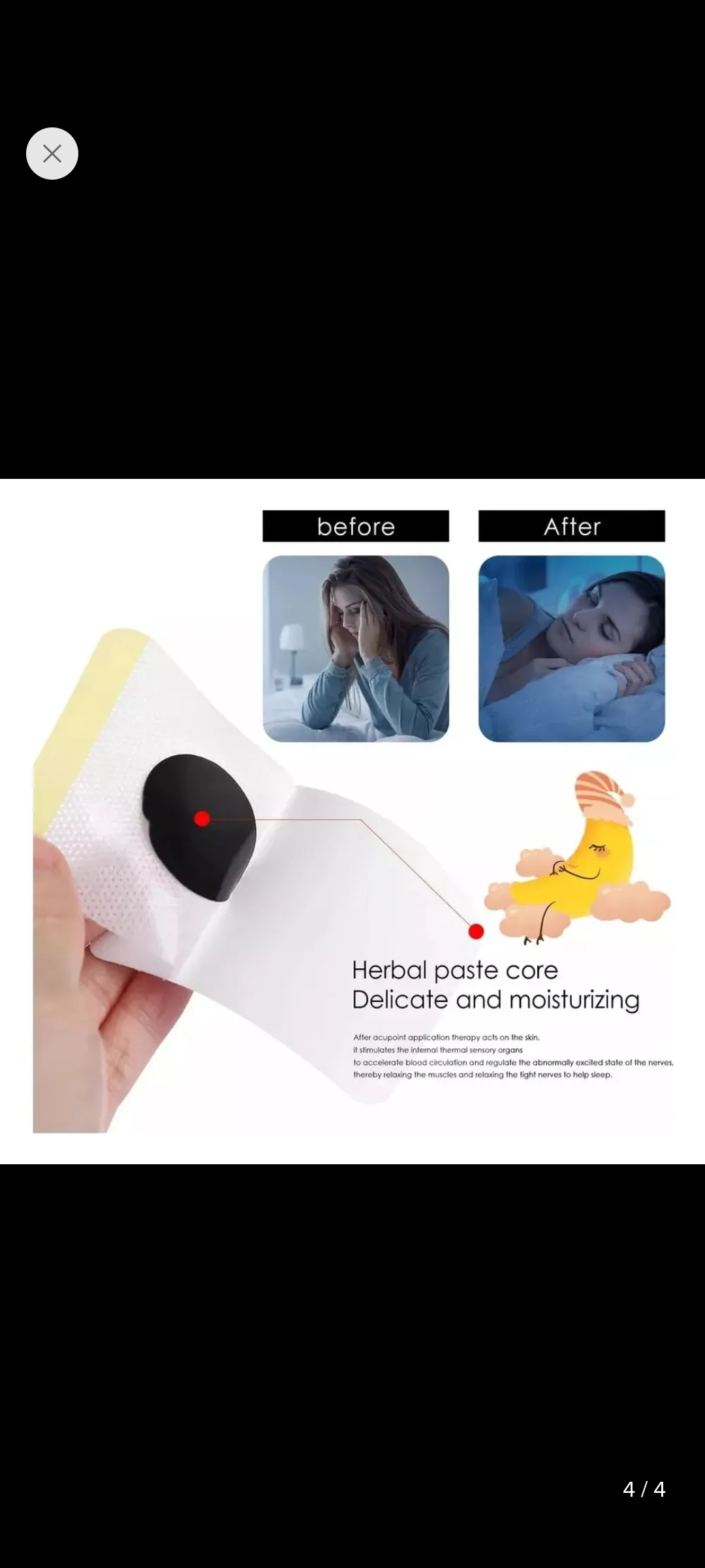 Parche adhesivo blanco con centro circular negro de hierbas para dormir, con imágenes de antes y después de descanso.