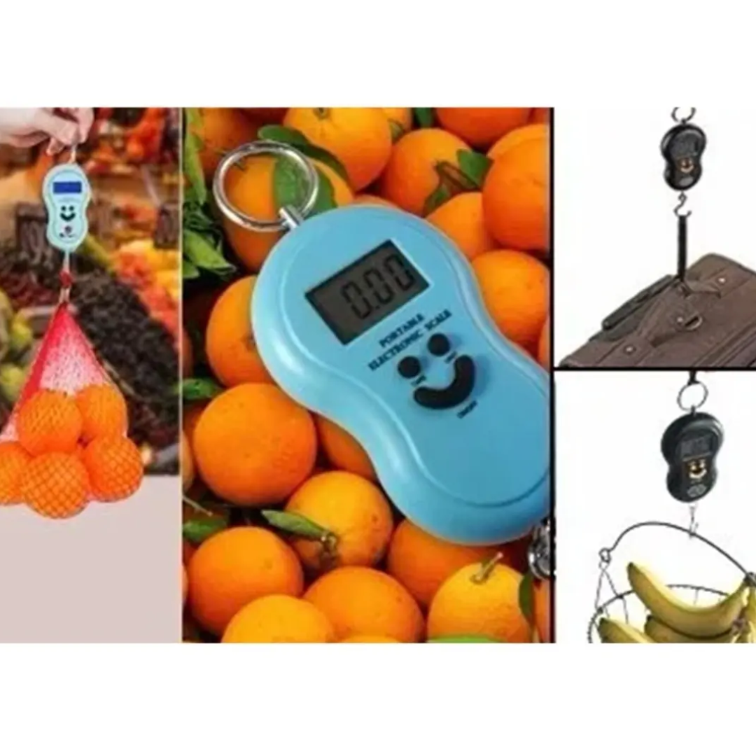 Set de dos básculas digitales portátiles, una azul y otra negra, con pantalla LCD y gancho para pesar equipaje, frutas o alimentos hasta 50 kg.