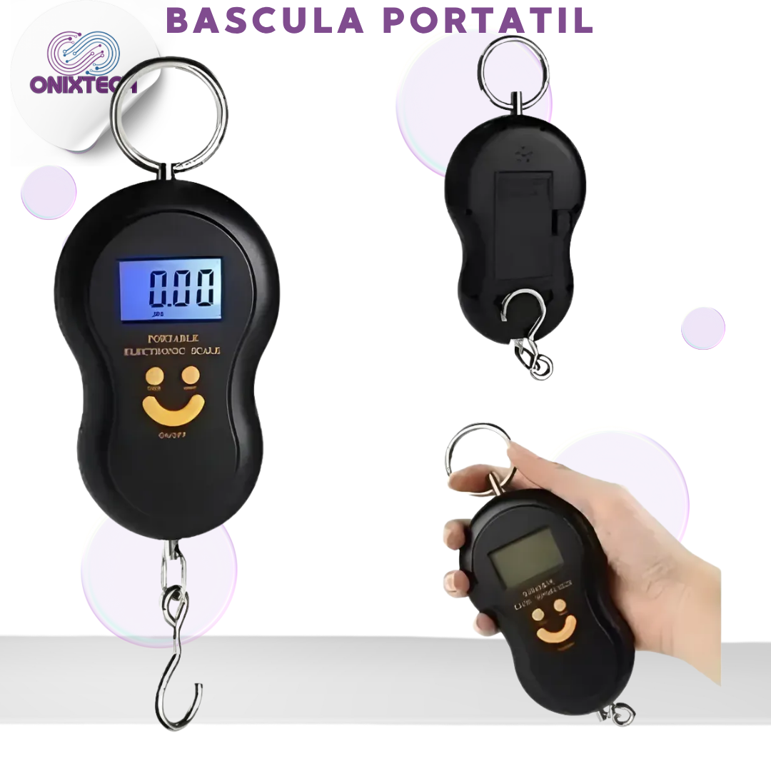 Báscula digital portátil negra con gancho metálico, pantalla LCD y diseño ergonómico, mostrada en tres vistas para pesar equipaje hasta 50 kg.