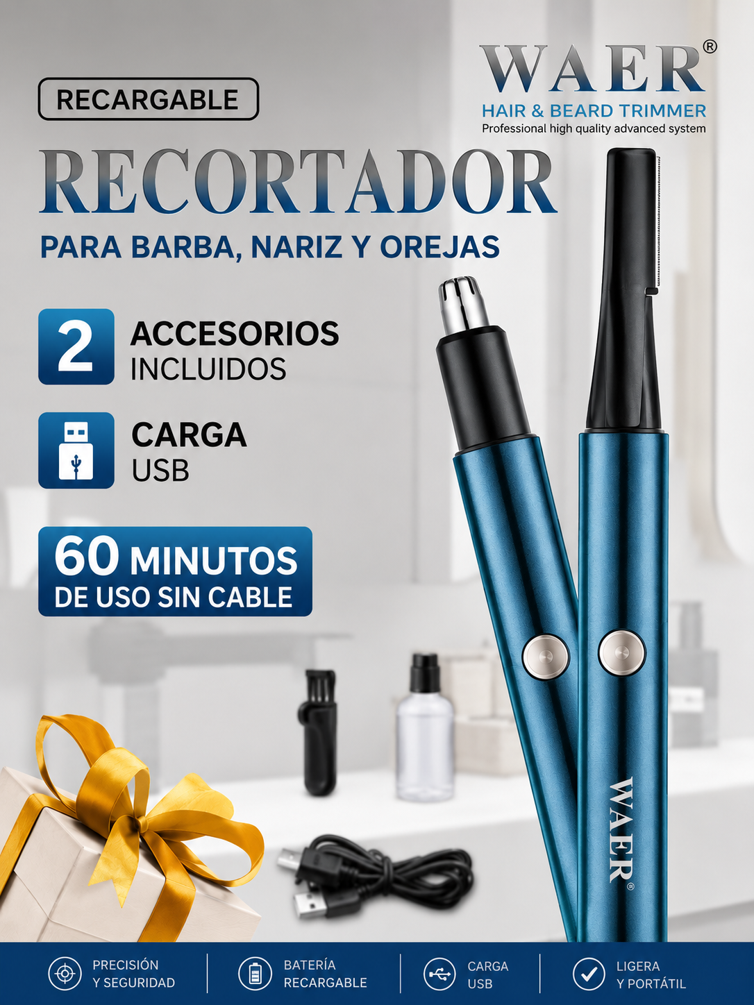 Recortadora Waer 2 en 1 azul metalizada con cabezales para nariz y barba, cable USB y caja de regalo con lazo dorado.