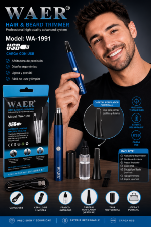 Recortadora de vello Waer Wa-1991 recargable 2 en 1 - Permite perfilar la barba y eliminar vello facial sin tirones