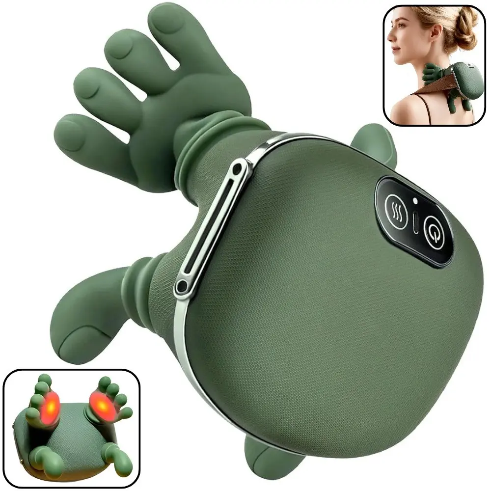 Masajeador inalámbrico verde de cuello y espalda con diseño ergonómico de manos y calor Shiatsu para alivio muscular.