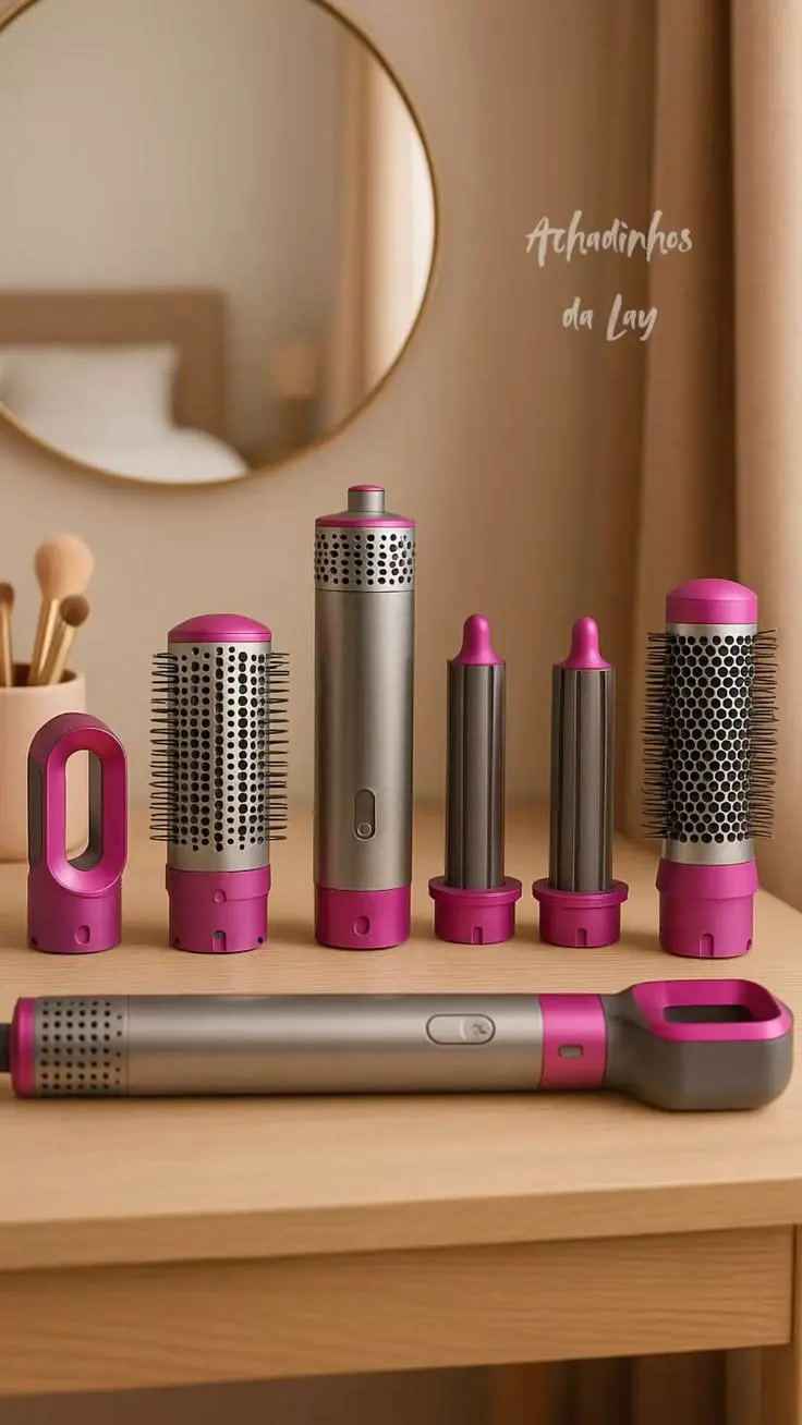 Cepillo moldeador eléctrico gris y fucsia con mango y cinco cabezales intercambiables ordenados sobre superficie de madera.