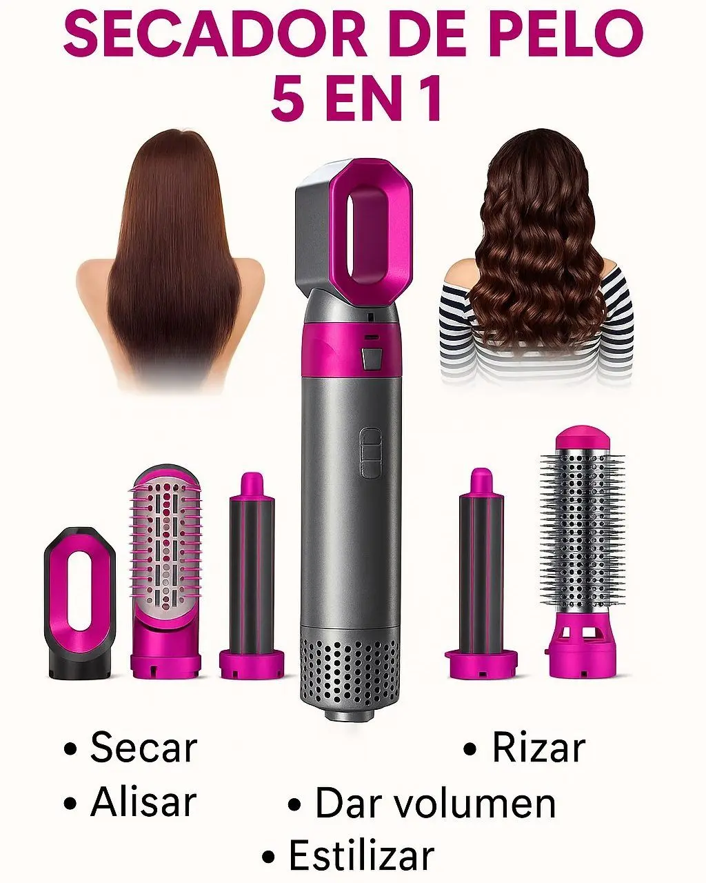 Secador de pelo 5 en 1 gris y fucsia con mango cilíndrico, boquilla secadora, cepillo alisador, cilindro rizador, cepillo redondo y resultados de peinado.