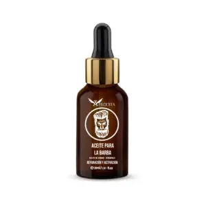 Frasco de vidrio ámbar con gotero dorado de aceite para barba Troexta con argán y cedro, 30 ml, para reparación y activación del vello facial.