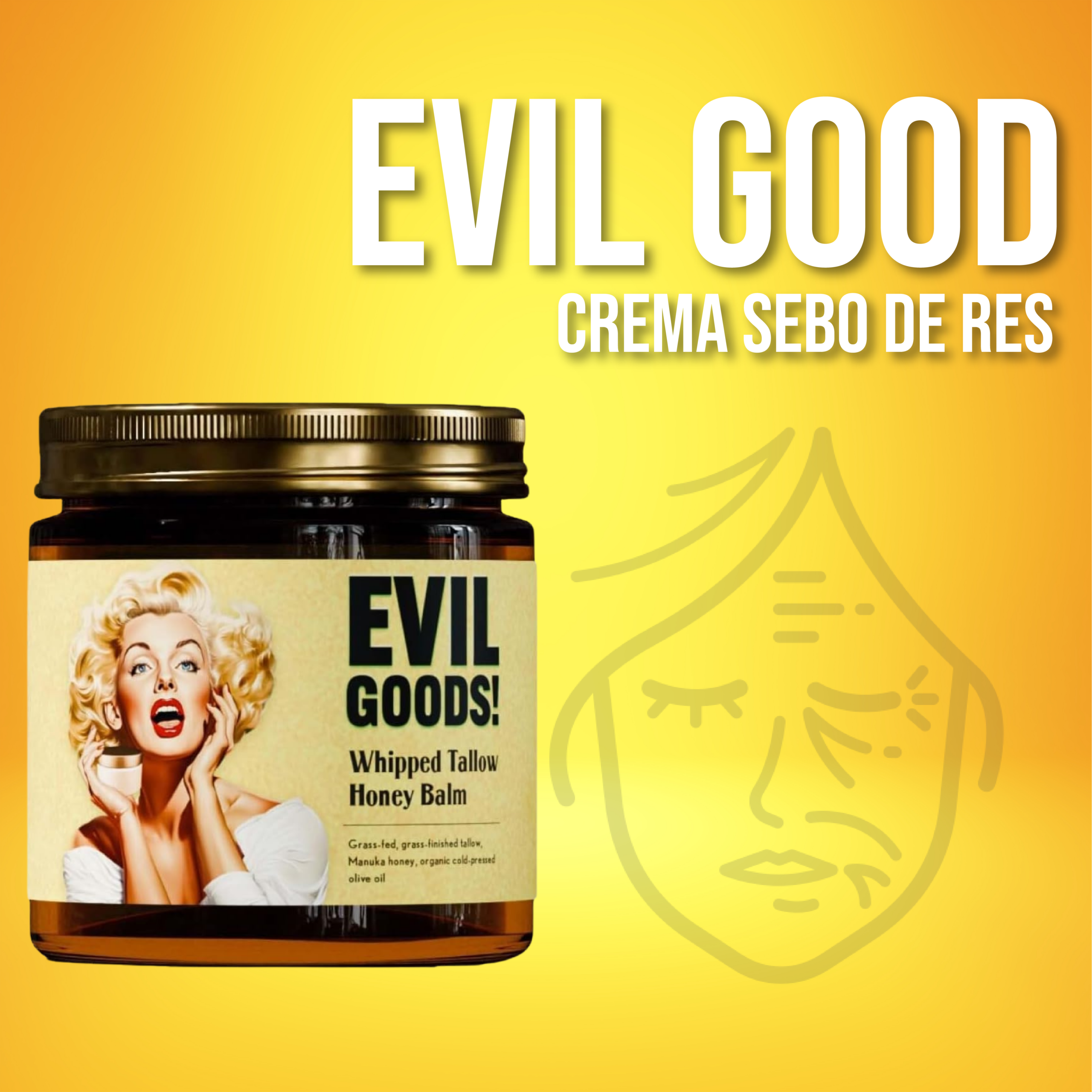 Tarro de vidrio ámbar con crema de sebo de res Evil Good, etiqueta estilo retro con Marilyn Monroe y texto Whipped Tallow Honey Balm.