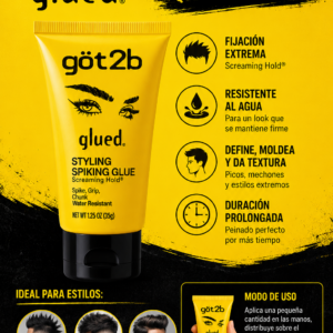 Tubo amarillo de gel fijador got2b glued de 35g sobre fondo amarillo y negro con texto promocional y ejemplos de peinados extremos.