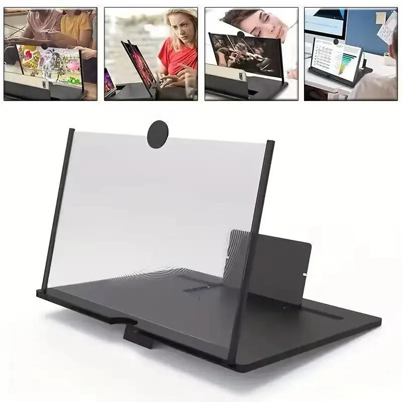 Amplificador de pantalla 3D negro para celular, con lente Fresnel transparente plegable y soporte ajustable para ver videos cómodamente.