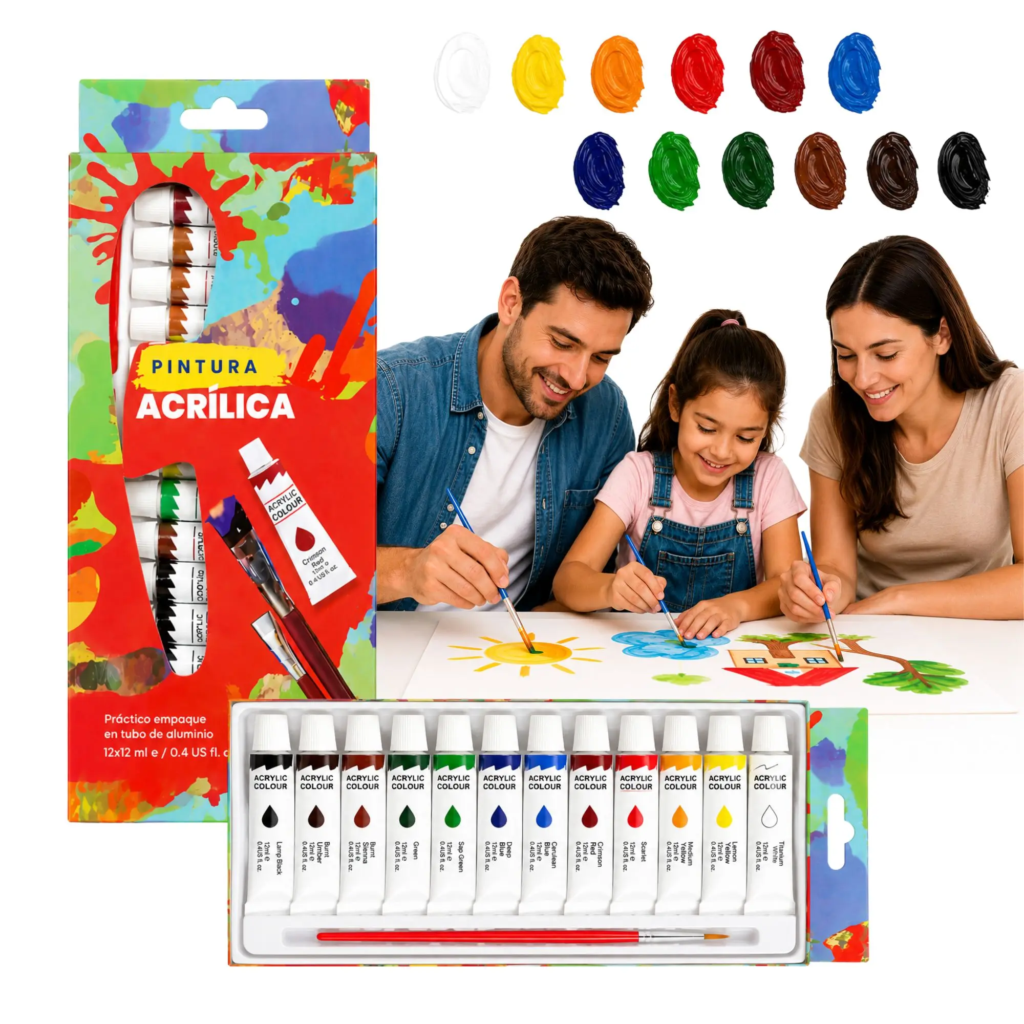 Set de 12 tubos de pintura acrílica de 12 ml con pincel, exhibidos en empaque colorido junto a una familia pintando sobre papel.