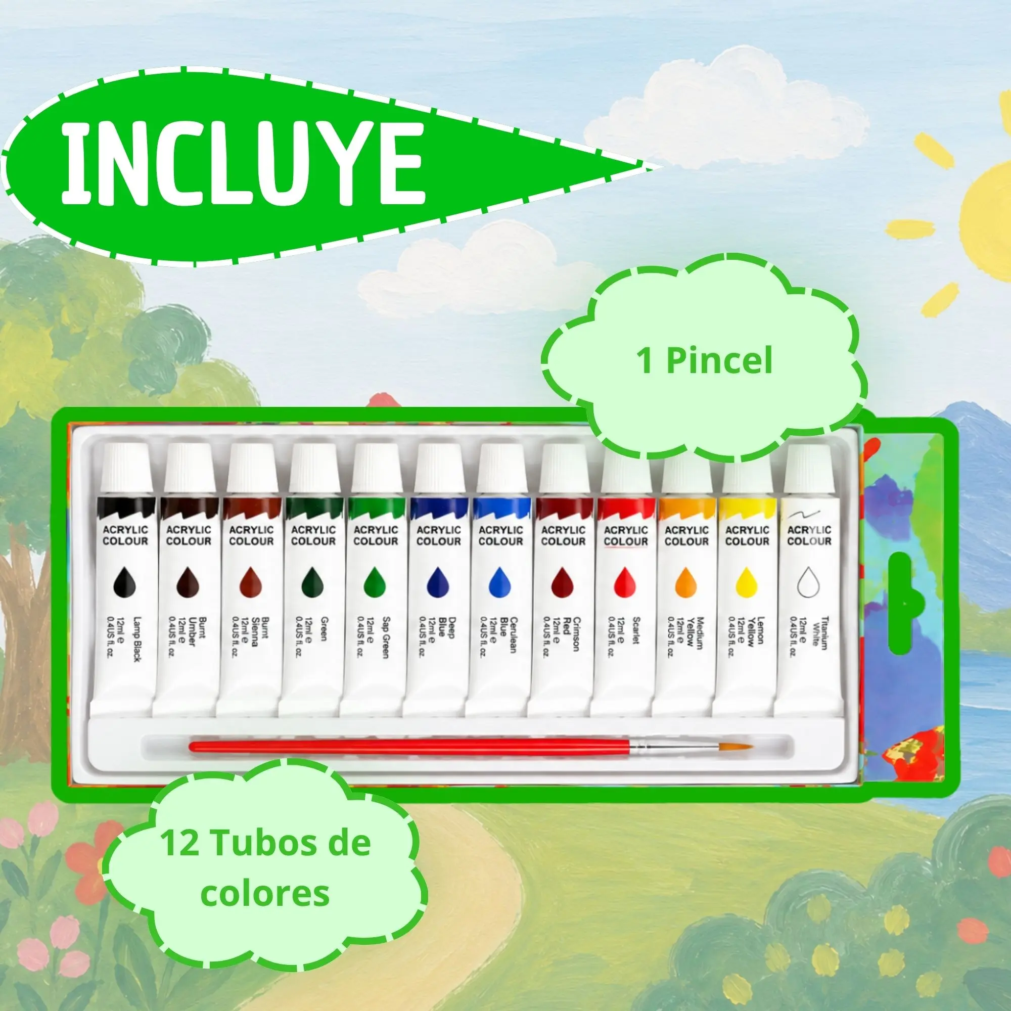 Set de 12 tubos de pinturas acrílicas de colores diversos y un pincel de mango rojo, dispuestos en un estuche blanco sobre fondo ilustrado.