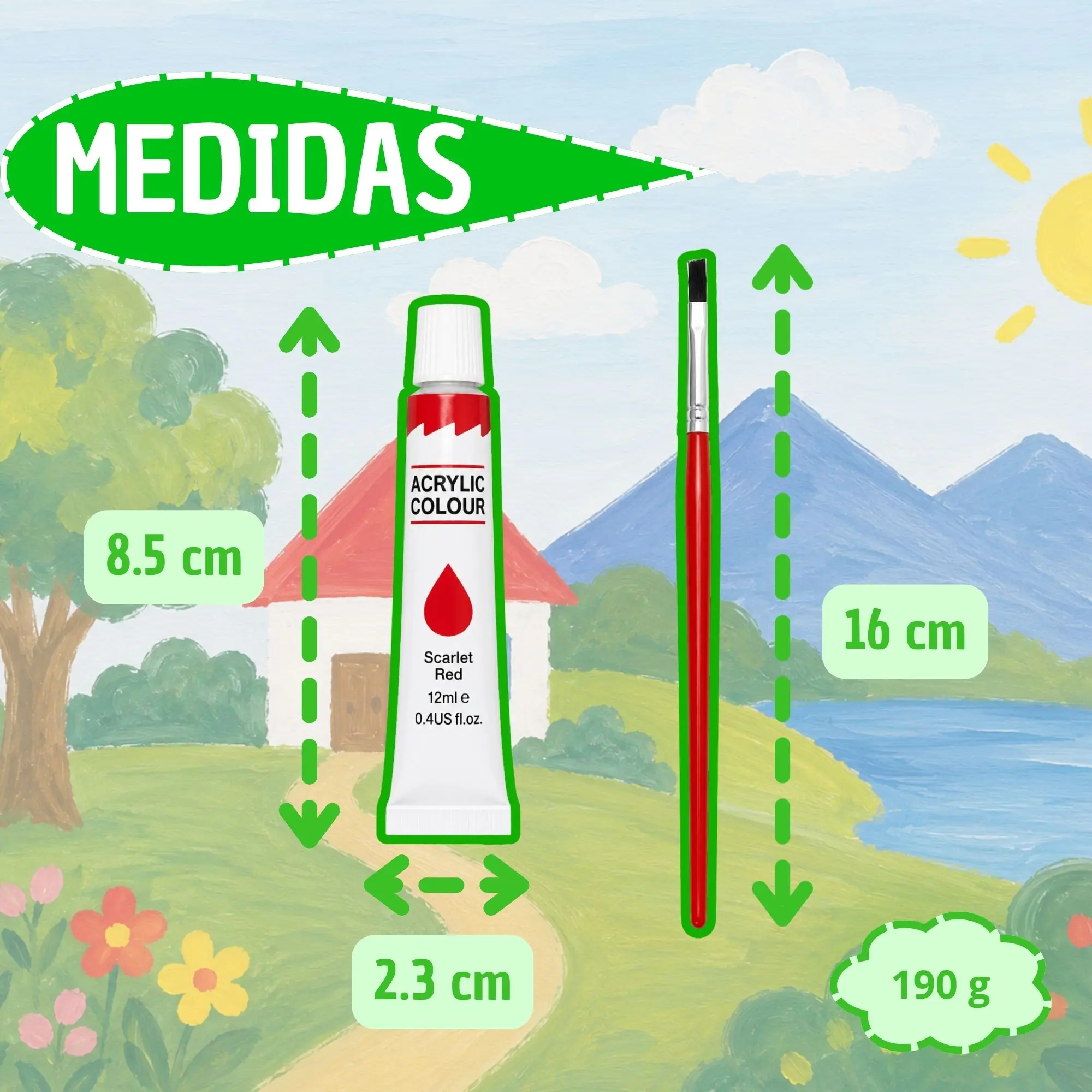 Medidas de un tubo de pintura acrílica roja de 8.5x2.3 cm y un pincel de 16 cm, con peso de 190 g sobre un fondo de paisaje pintado.