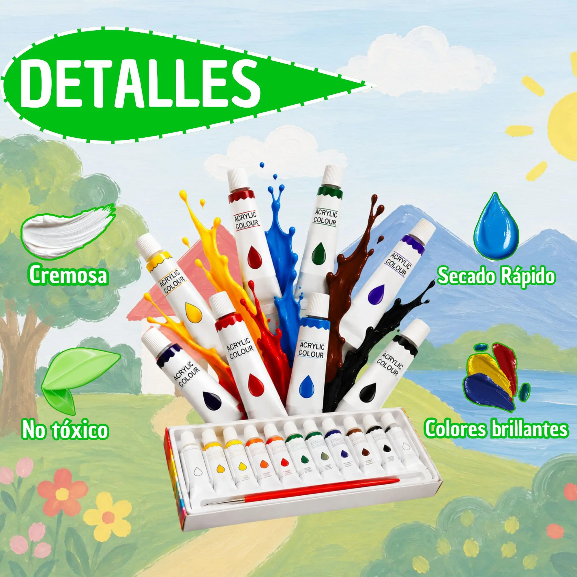 Set de 12 pinturas acrílicas con pincel, de secado rápido, textura cremosa y no tóxicas, presentadas en caja con tubos de colores intensos y brillantes.