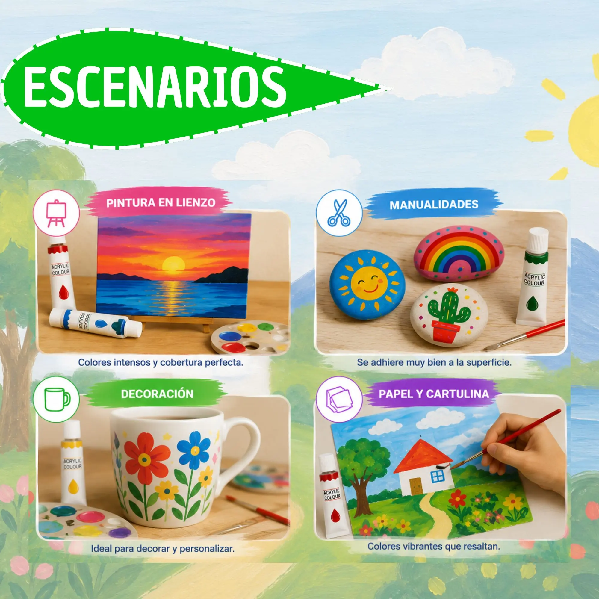 Set de 12 pinturas acrílicas con pincel para lienzo, piedras, tazas y papel. Muestra acabados vibrantes en diversas superficies y proyectos creativos.