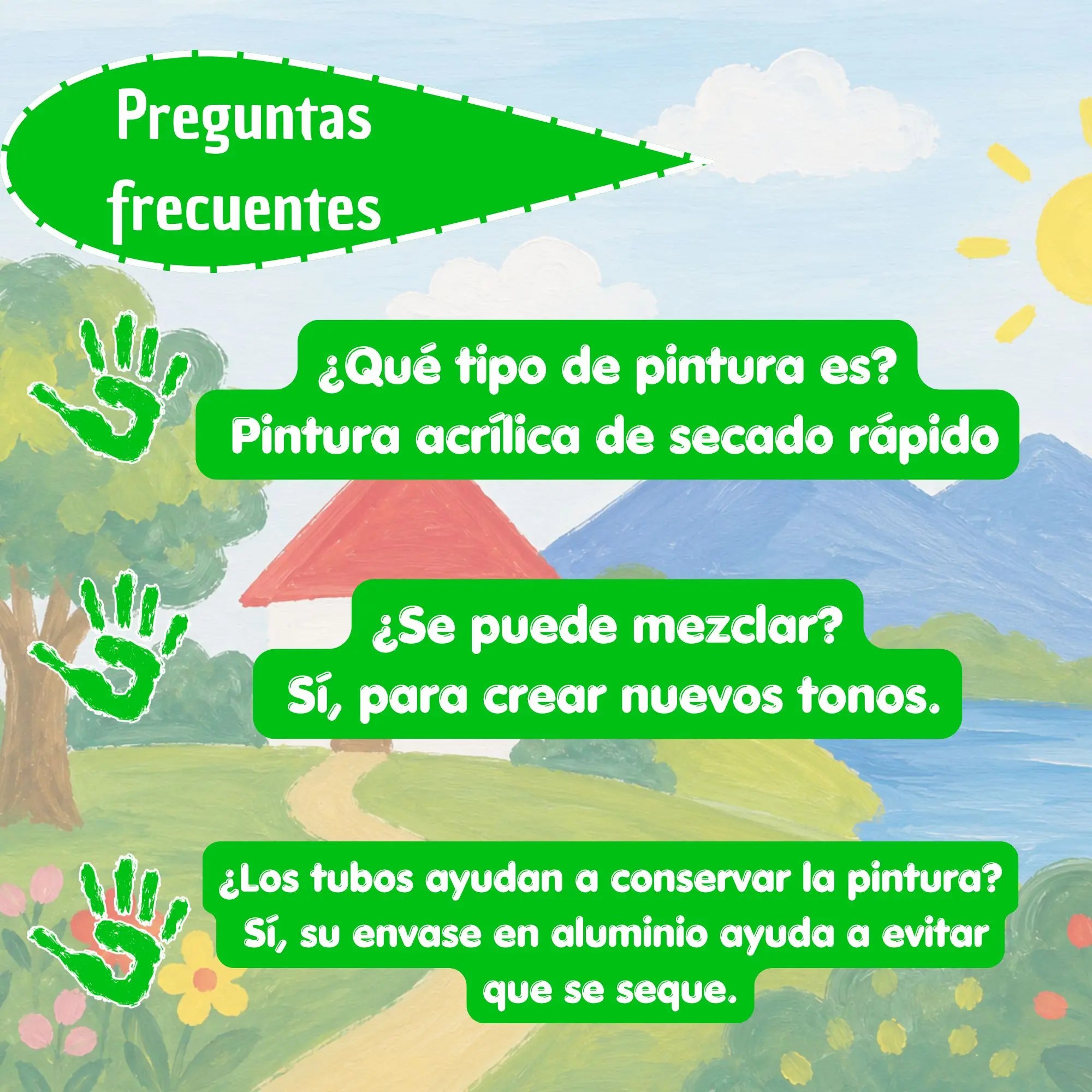 Infografía de preguntas frecuentes sobre pintura acrílica de secado rápido en tubos de aluminio, destacando su capacidad de mezcla y conservación.