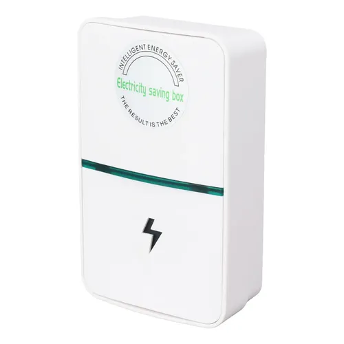 Ahorrador de energía eléctrico monofásico blanco de diseño rectangular con luz LED verde central y símbolo de rayo negro.