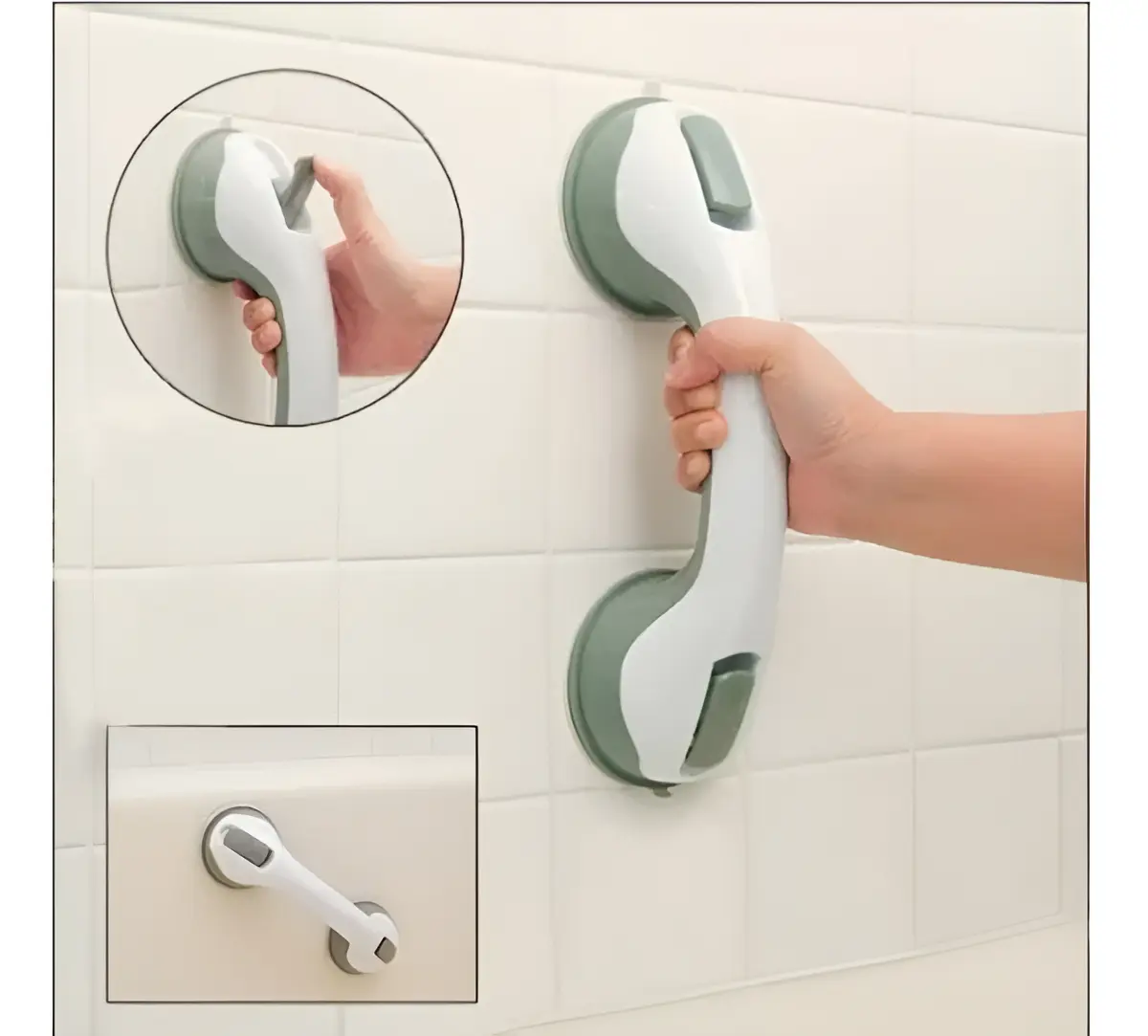 Barra de seguridad para baño blanca y verde con ventosas. Muestra uso vertical en ducha y una variante horizontal sobre azulejos blancos.