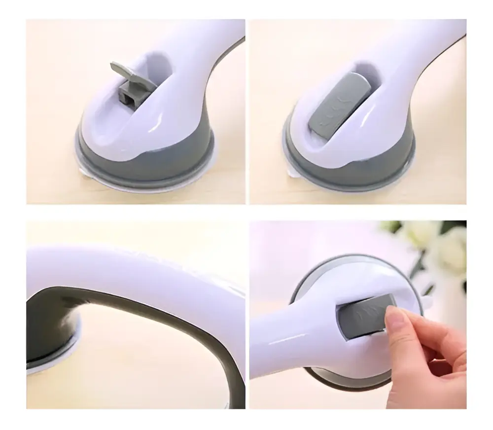 Barra de seguridad para baño blanca y gris. Detalle del mecanismo de palanca para activar la succión y vistas de su diseño ergonómico curvo.