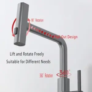 Grifería monocomando de acero gris cepillado con diseño extraíble, rotación de 90° en el cabezal y giro de 360° en la base.