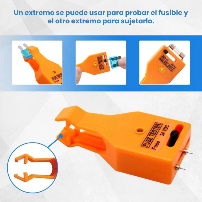 Probador y extractor de fusibles automotriz naranja con pinzas en un extremo para sujetar y puntas metálicas en el otro para verificar continuidad.