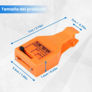 Probador y extractor de fusibles automotriz naranja con medidas de 7x3.3x1.6 cm, diseñado para diagnosticar y retirar fusibles tipo MAX, ATC y ATM.