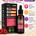 Frasco cuentagotas y caja de 60 ml con vitaminas B12, B6 y B1, sabor frambuesa, sobre superficie de madera con frambuesas frescas.
