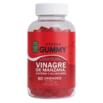 Frasco transparente de gomitas rojas de vinagre de manzana con cafeína y alcachofa, etiqueta roja y 60 unidades.