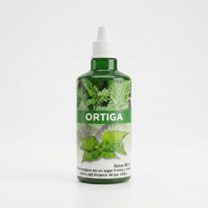 Frasco de 80 ml de extracto de ortiga en gotas, con tapa dosificadora blanca, etiqueta verde con de hojas de planta y texto informativo.
