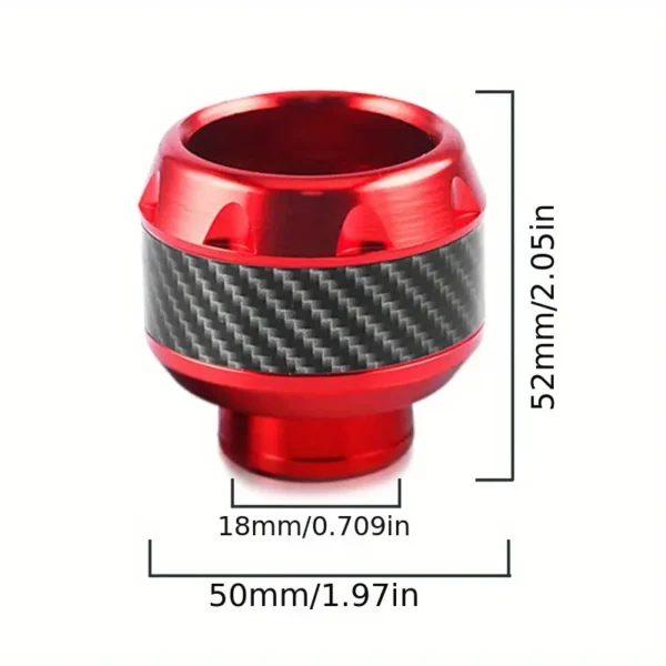 Pomo de palanca de cambios rojo con centro de fibra de carbono, 50 mm de ancho y 52 mm de alto, con base de 18 mm de diámetro para ajuste universal.