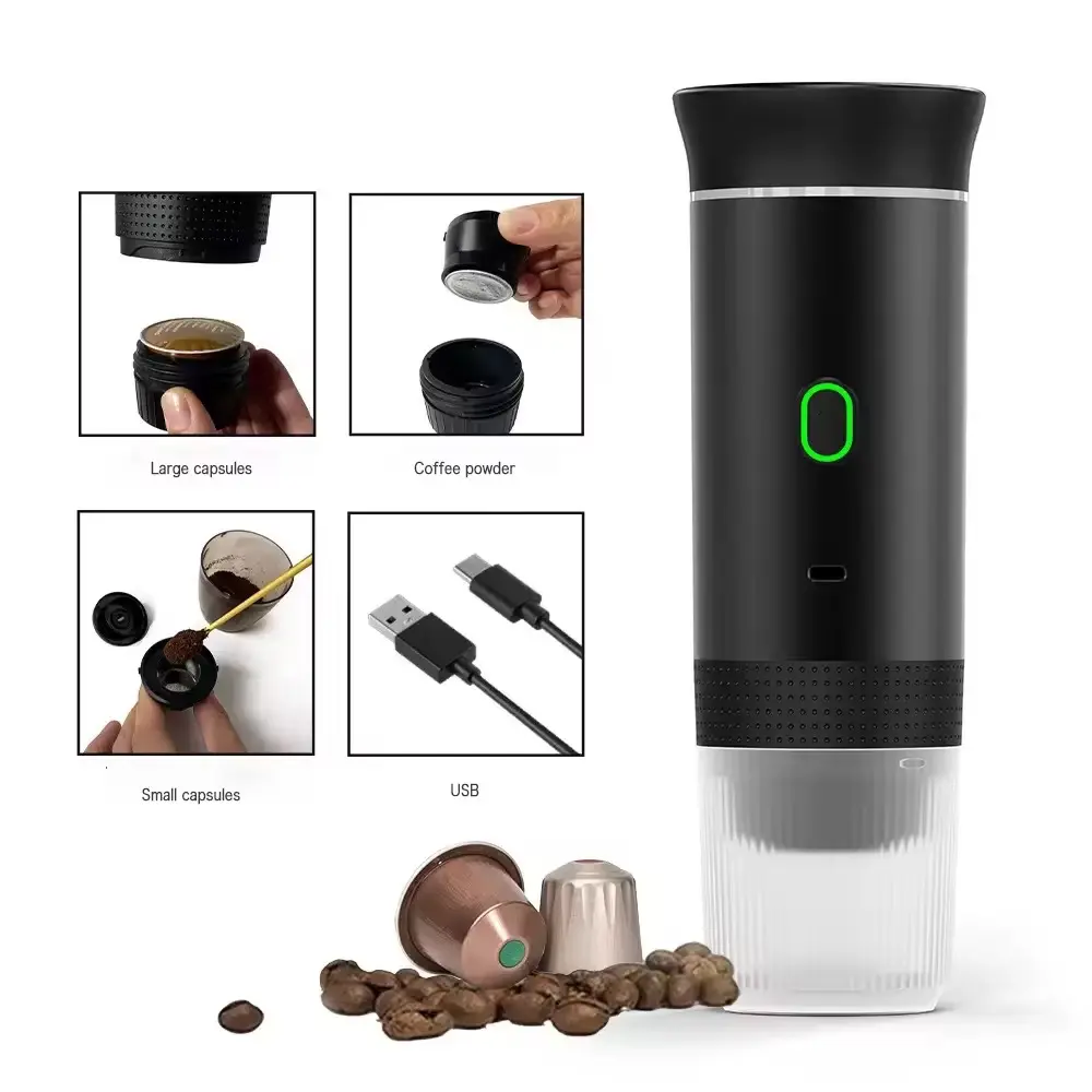 Cafetera portátil espresso negra y translúcida con cargador USB, cápsulas y café molido.