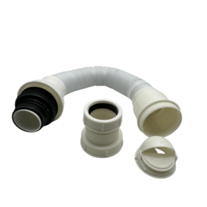 Set de dos piezas para lavamanos con tubo flexible de PVC blanco y válvula antirretorno desmontable para bloquear olores.