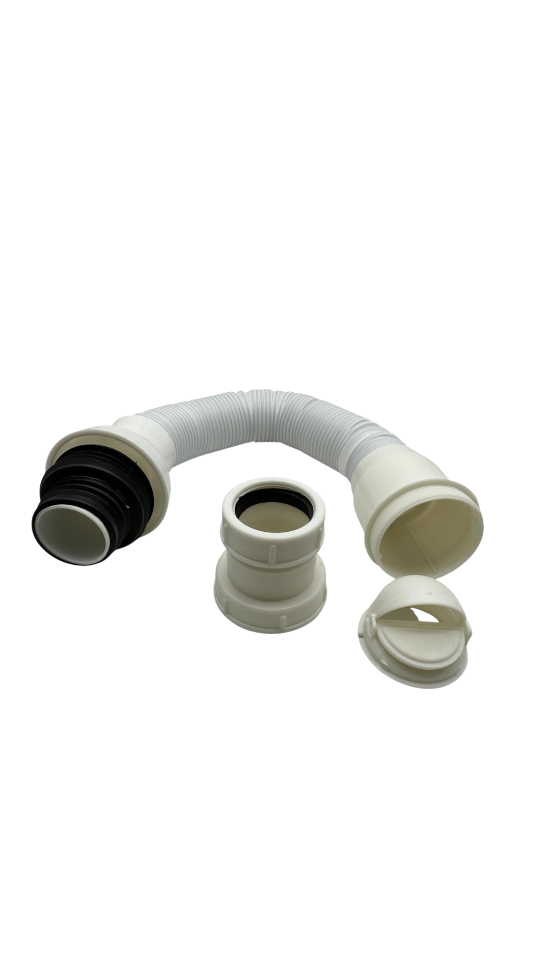 Set de dos piezas para lavamanos con tubo flexible de PVC blanco y válvula antirretorno desmontable para bloquear olores.