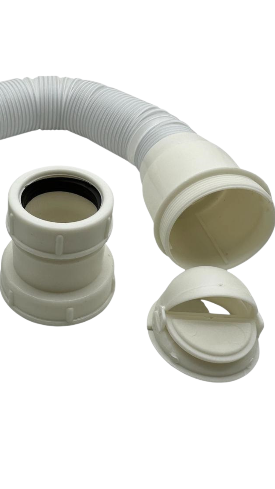 Trampa flexible para lavamanos con manguera gris corrugada, conector y válvula antiretorno de plástico blanco.