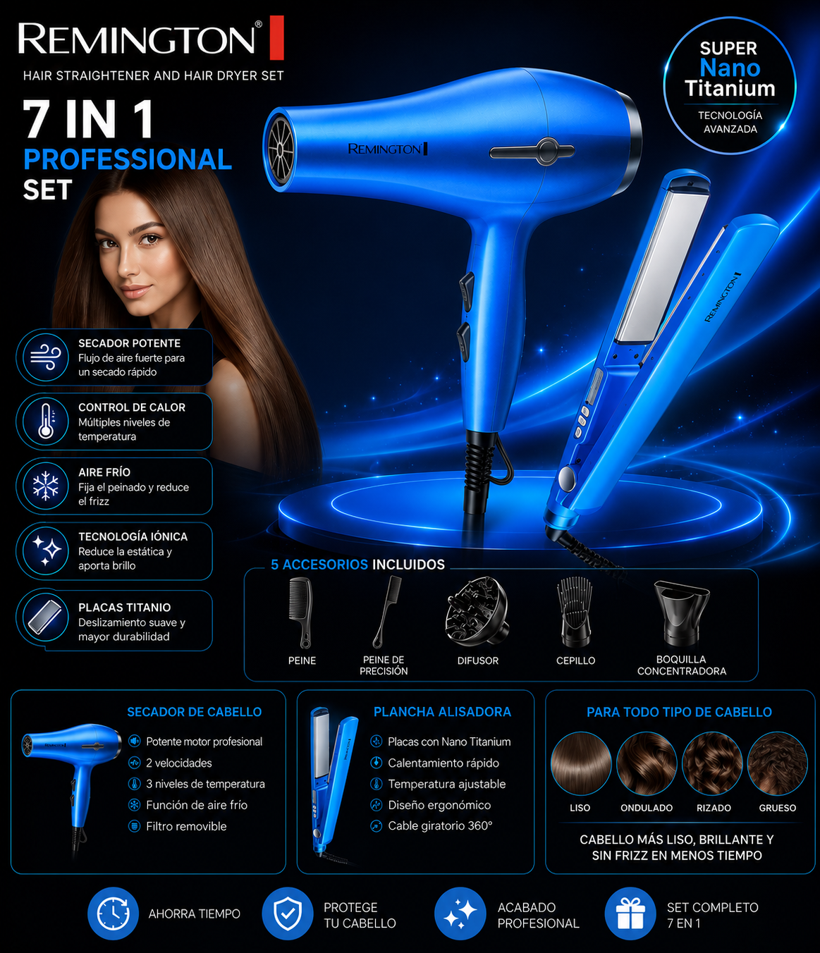 Set profesional azul 7 en 1 con secador de pelo, plancha de titanio, 5 accesorios y modelo sonriendo.