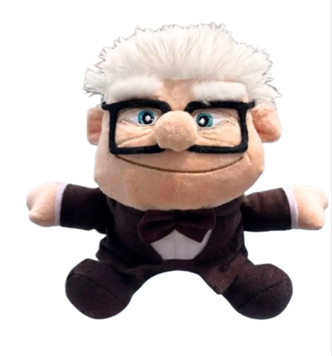Peluche de felpa suave del abuelo de Up con gafas negras, traje marrón y corbatín, diseño coleccionable.