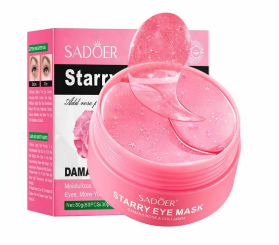 Tarro rosa de parches de hidrogel para ojos Sadoer con rosa damasca y colágeno, mostrando parches brillantes con escarcha.