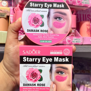 Mano sosteniendo caja y envase redondo rosados de parches de hidrogel de colágeno Sadoer con extracto de rosa para contorno de ojos.