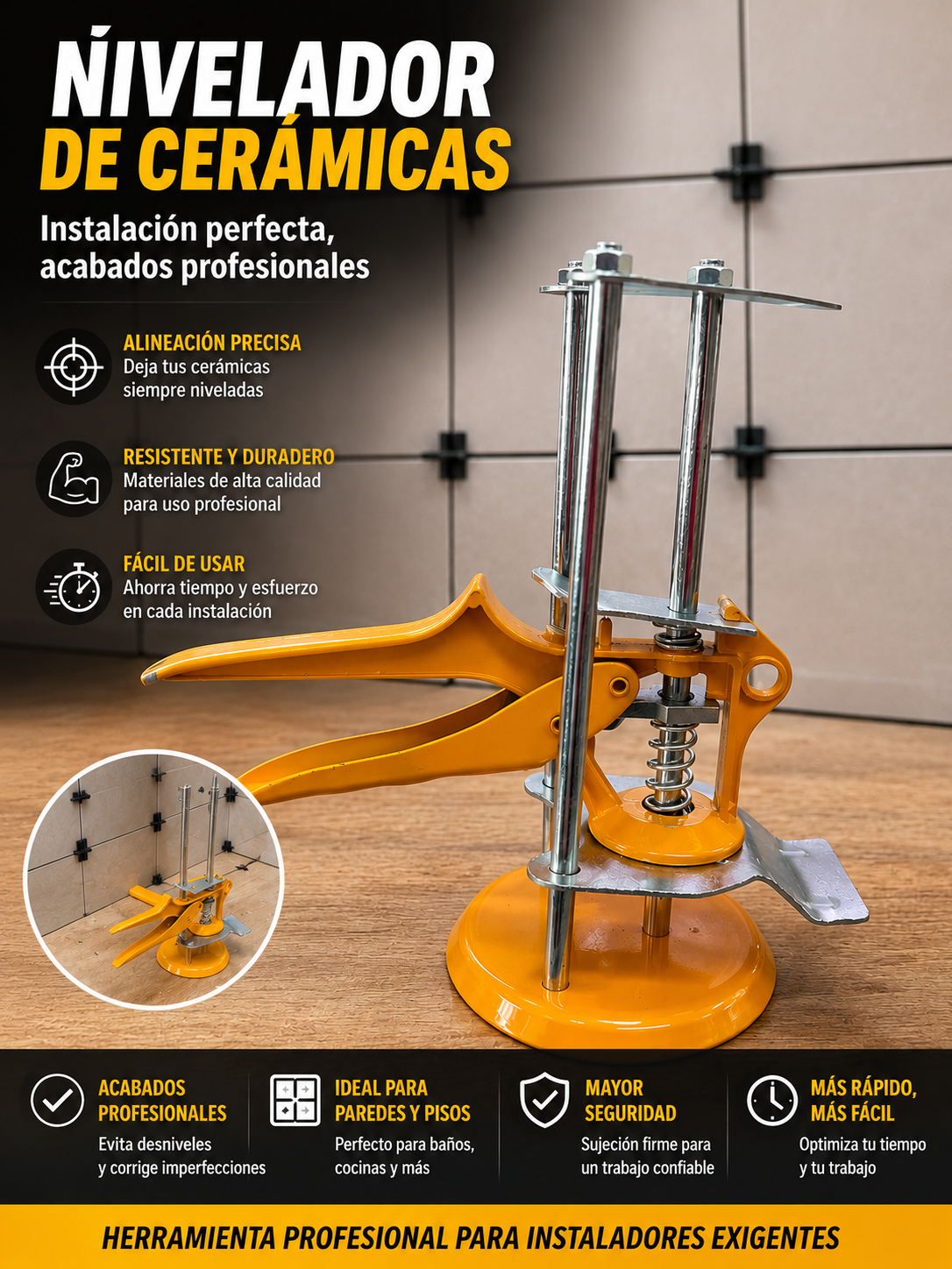 Nivelador de cerámicas amarillo con varillas metálicas y palanca, sobre madera, con detalle de uso en esquina de enchapes.