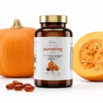 Aceite de semilla de calabaza de 3,000 mg en frasco ámbar con tapa dorada, cápsulas de gel y calabazas frescas sobre fondo blanco.
