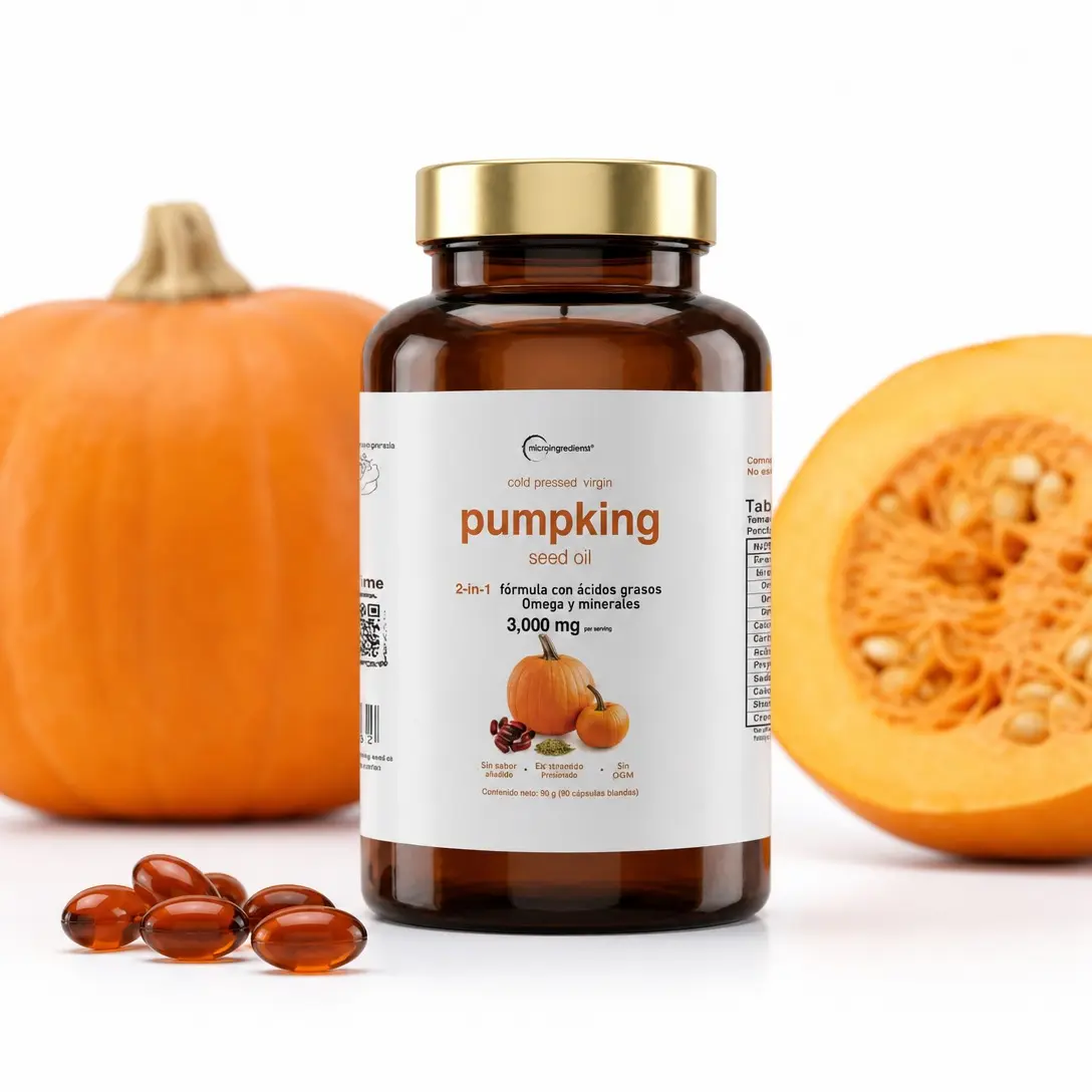 Aceite de semilla de calabaza de 3,000 mg en frasco ámbar con tapa dorada, cápsulas de gel y calabazas frescas sobre fondo blanco.